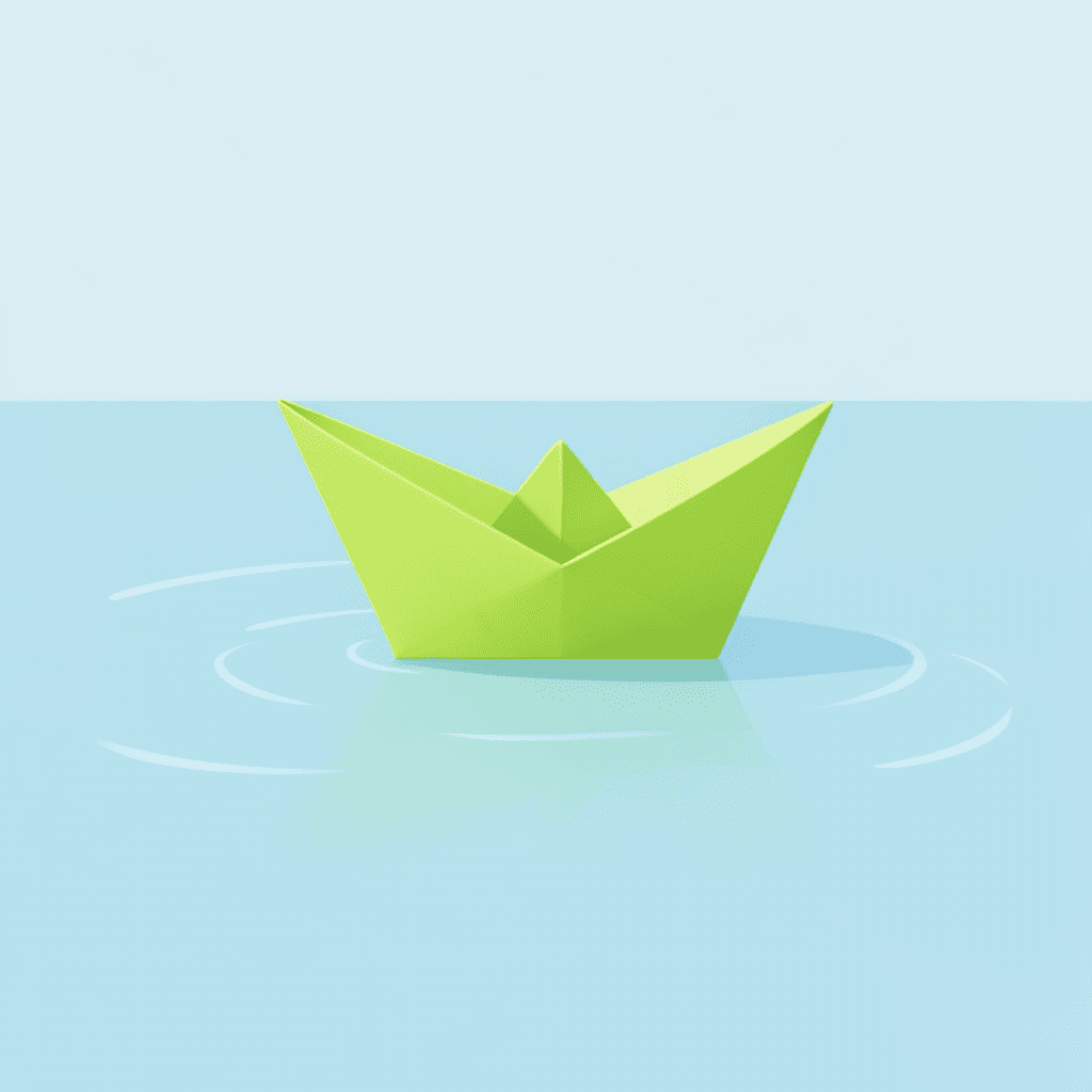 A lime green paper boat on calm blue water, generated with FLUX.2 Klein 4B